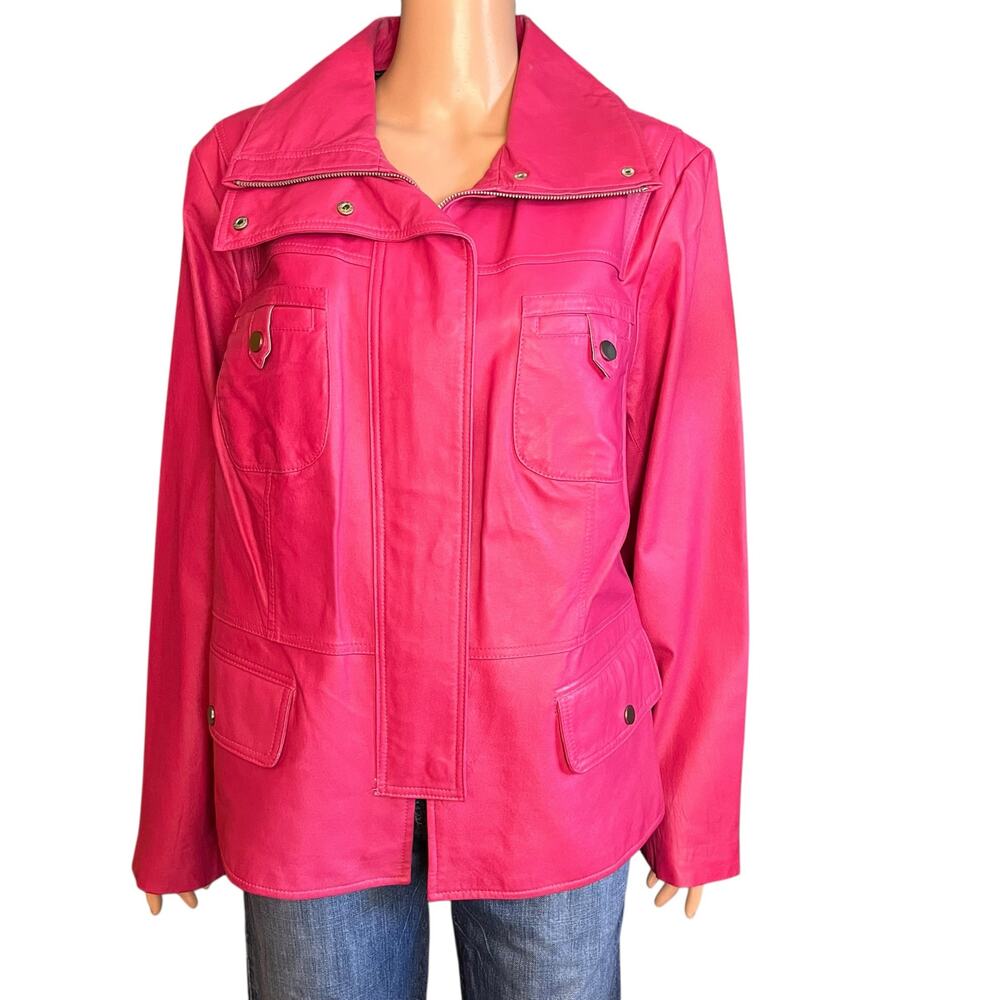 Vintage 90s Bradley Bayou Pink Leather Jacket 1X Boxy Hidden Placket - Picture 2 of 7
